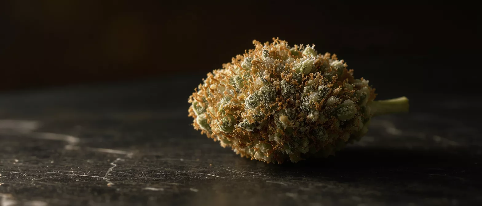 Gros plan d'un bouton de cannabis avec des trichomes sur une surface sombre et texturée.