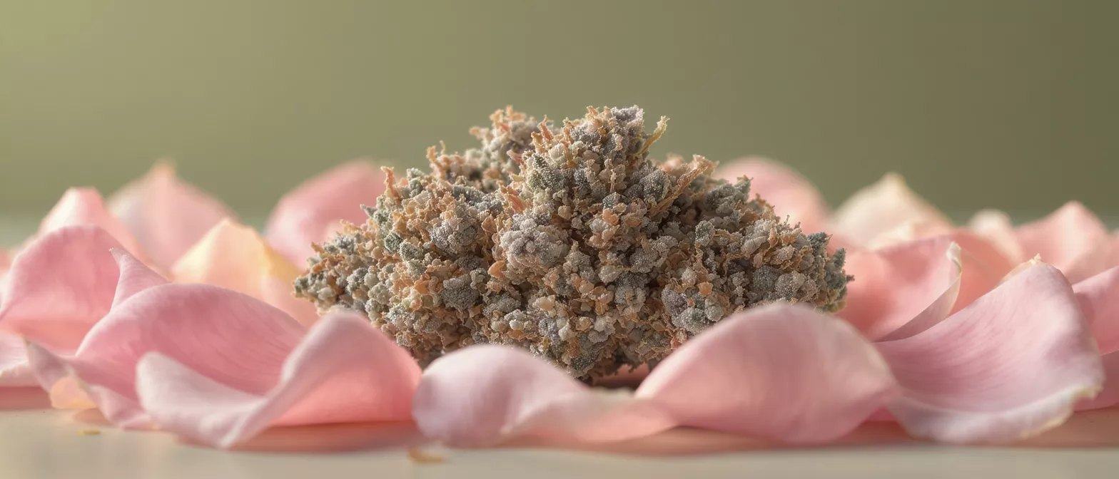 Close-up of a cannabis bud nestled among soft pink rose petals on a light background.