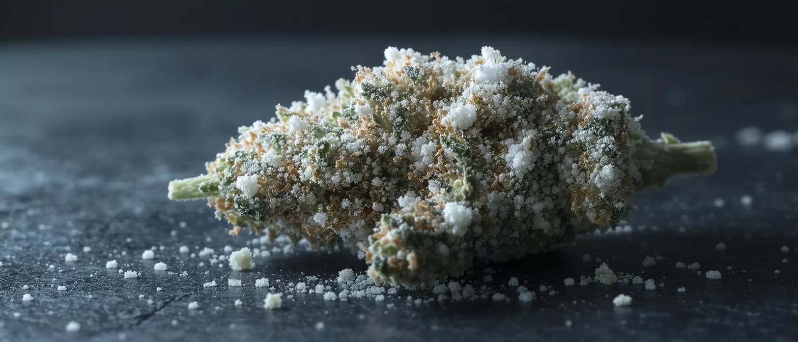 Close-up of a cannabis moon rock covered in white kief and golden trichomes.
