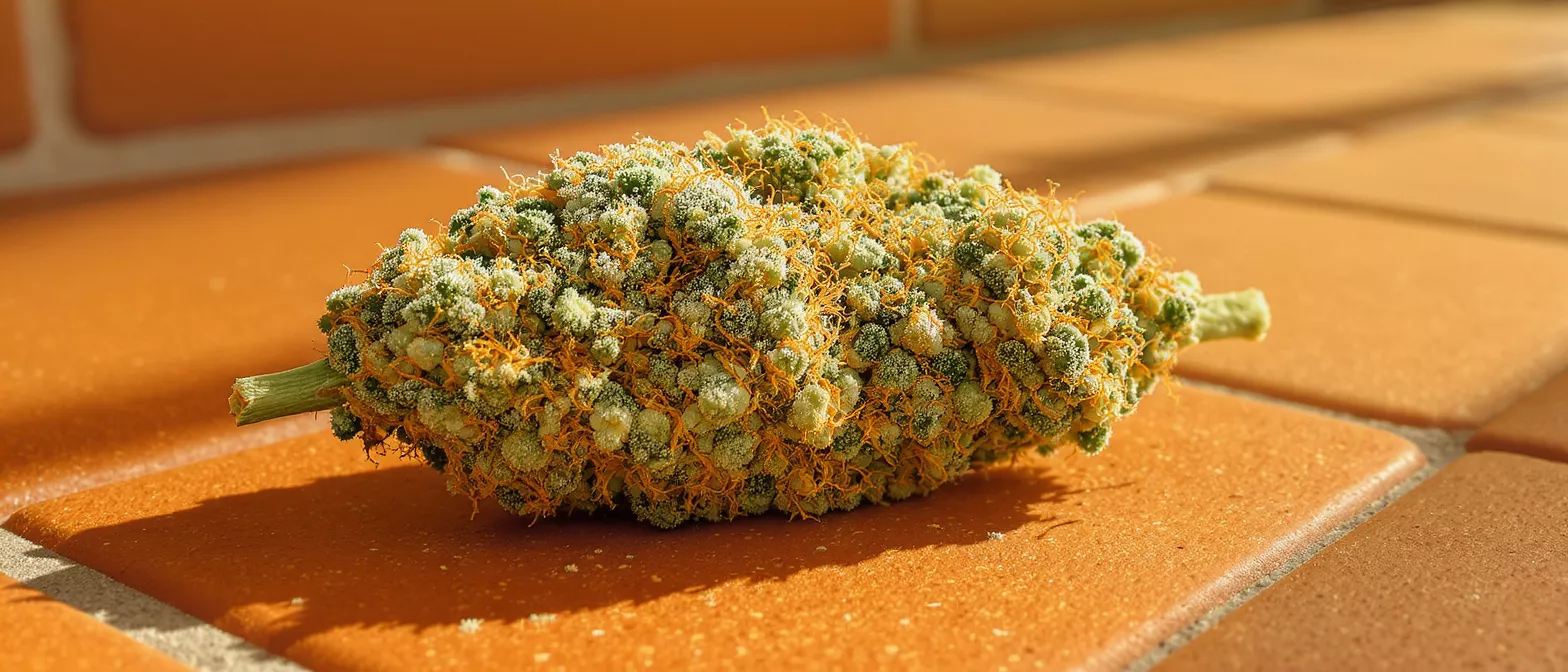 Close-up of a vibrant green and orange cannabis bud on terracotta tiles.