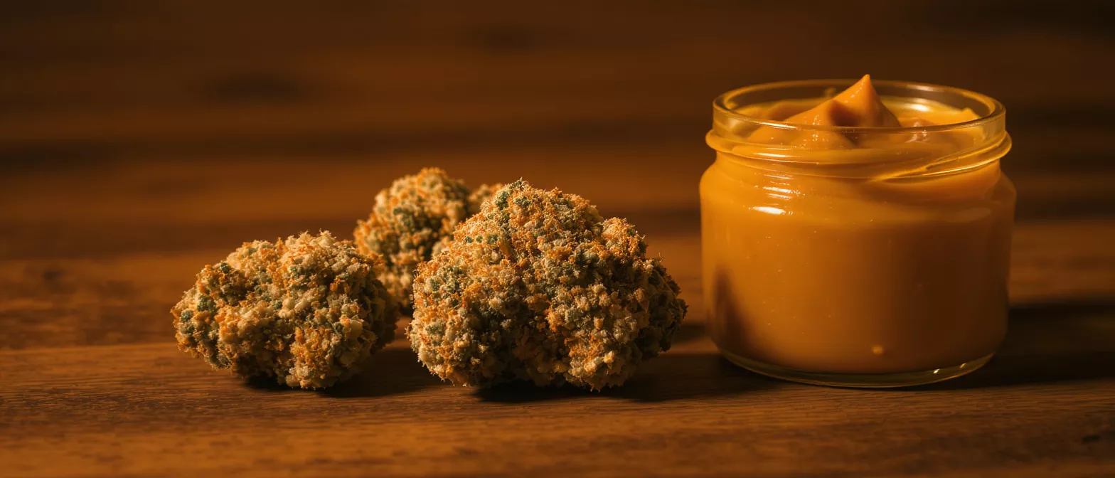 Three cannabis buds coated in kief next to a jar of cannabis concentrate.