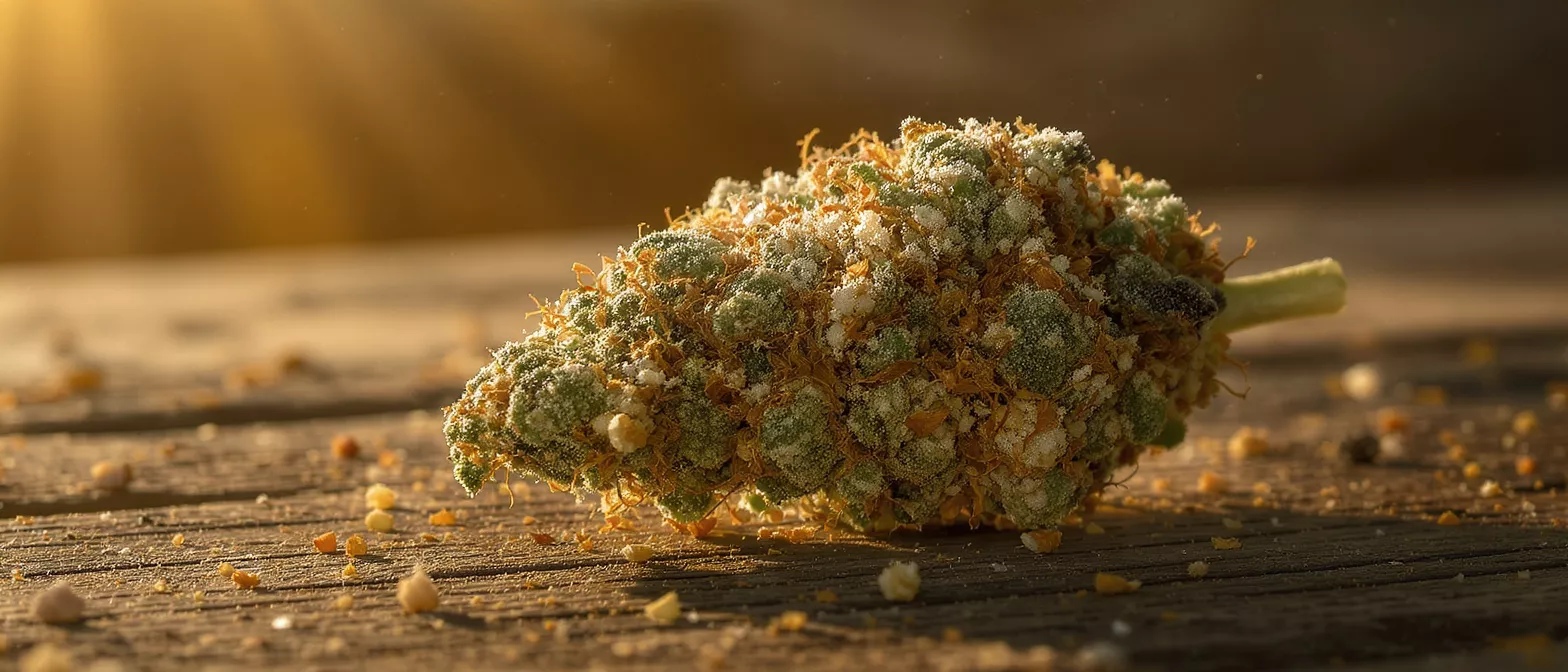 Close-up of a cannabis bud covered in kief and orange hairs on a wooden surface.