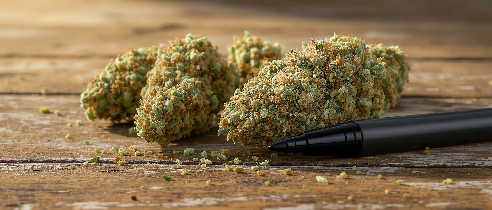 Gros plan de plusieurs bourgeons de cannabis et d'un stylo noir sur une surface en bois rustique.