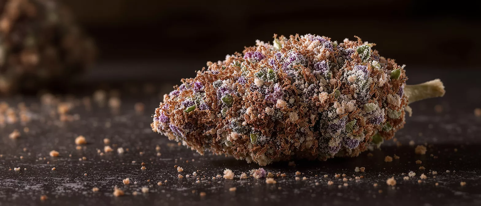 Close-up of a cannabis bud covered in kief, purple, green, and brown hues.