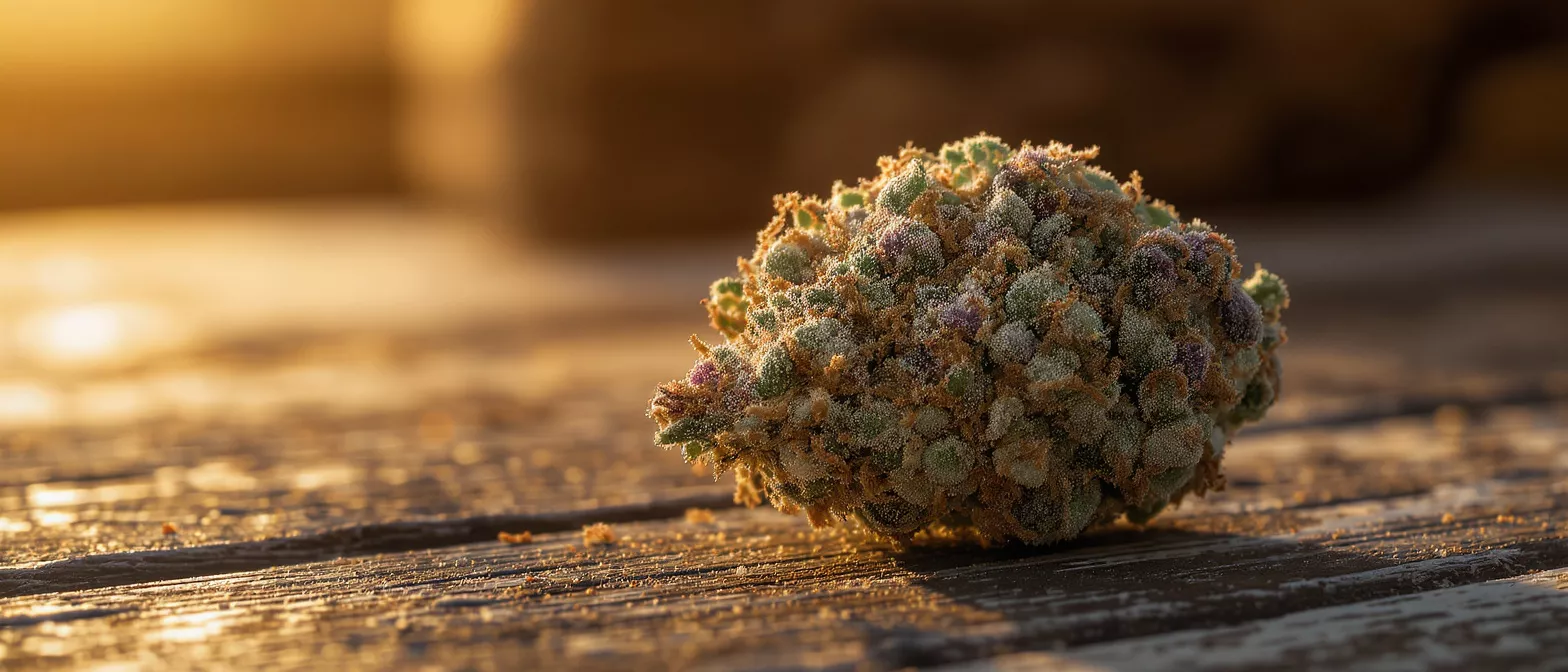 A vibrant cannabis bud with trichomes on a rustic wooden surface, bathed in golden light.