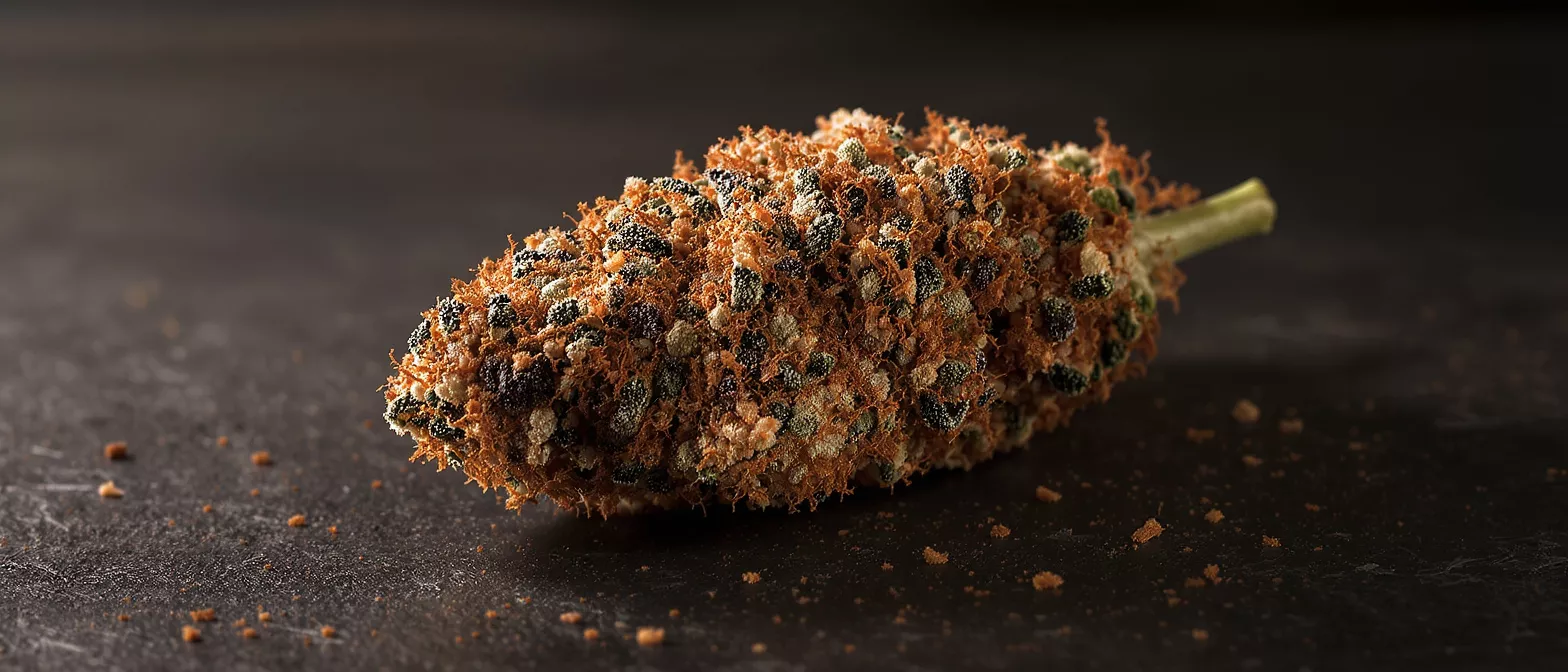 Primer plano de un jalapeño popper empanado con un tallo, sobre una superficie oscura.