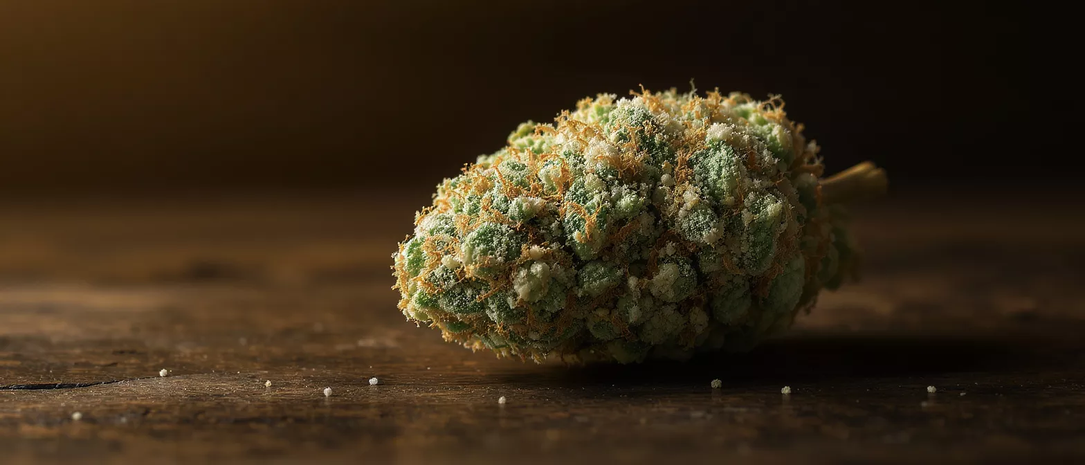 Gros plan d'un bourgeon de cannabis vert vif avec des poils orange sur une surface en bois sombre.