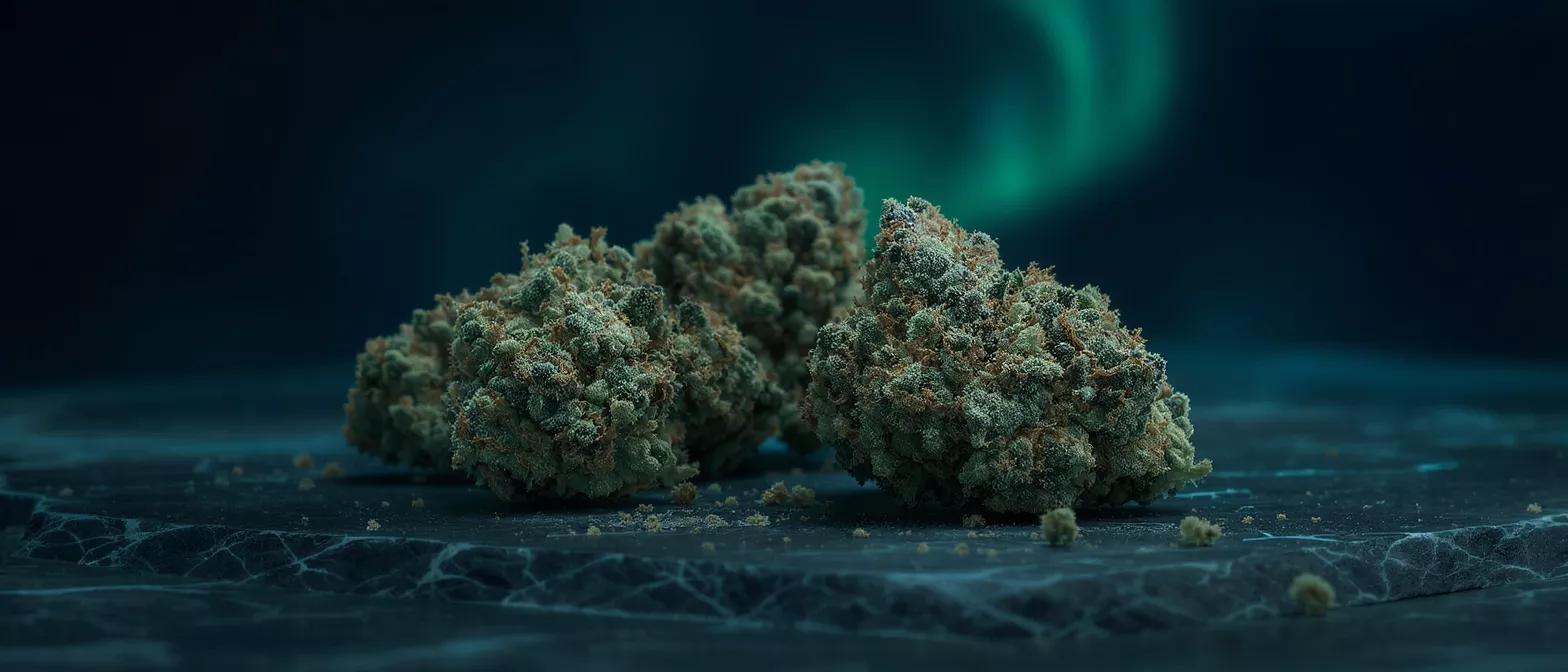Close-up of cannabis buds on a dark surface with a green aurora borealis background.