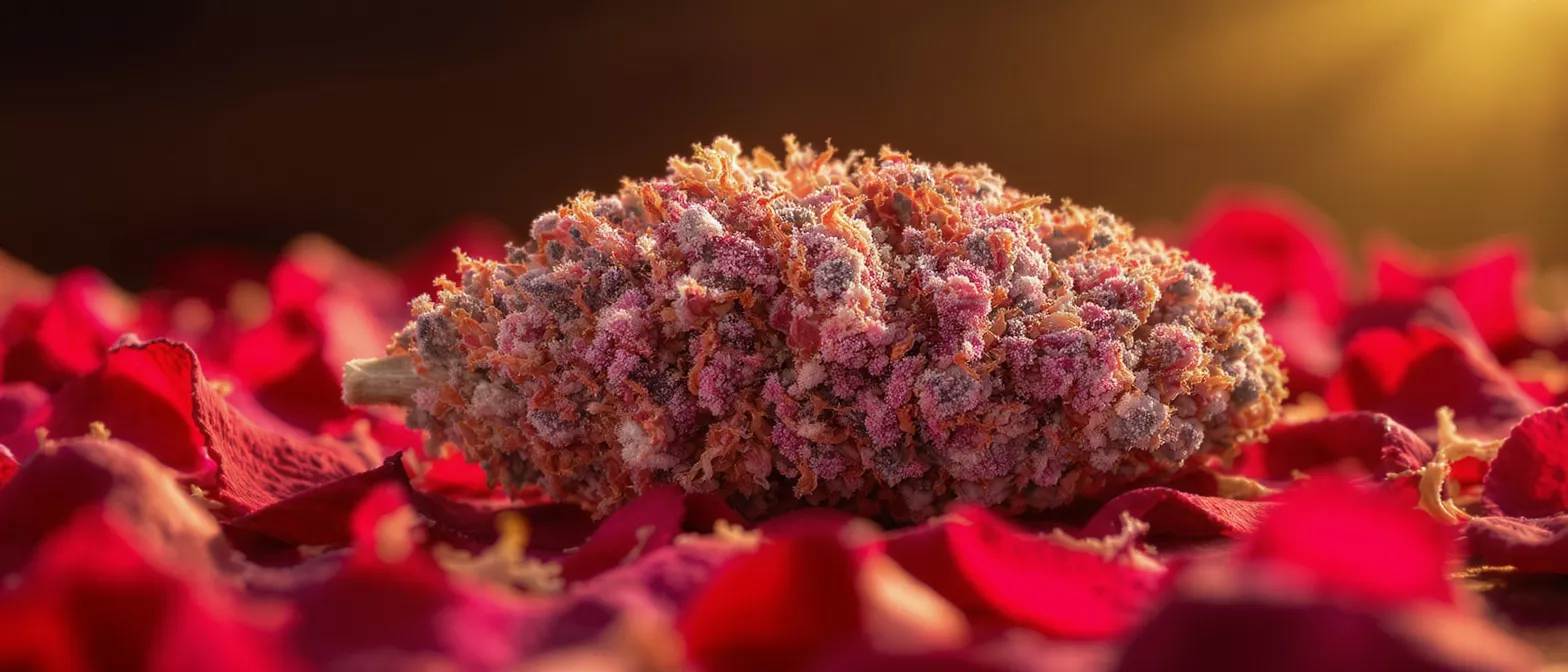 Close-up of a vibrant cannabis bud resting on a bed of red rose petals.