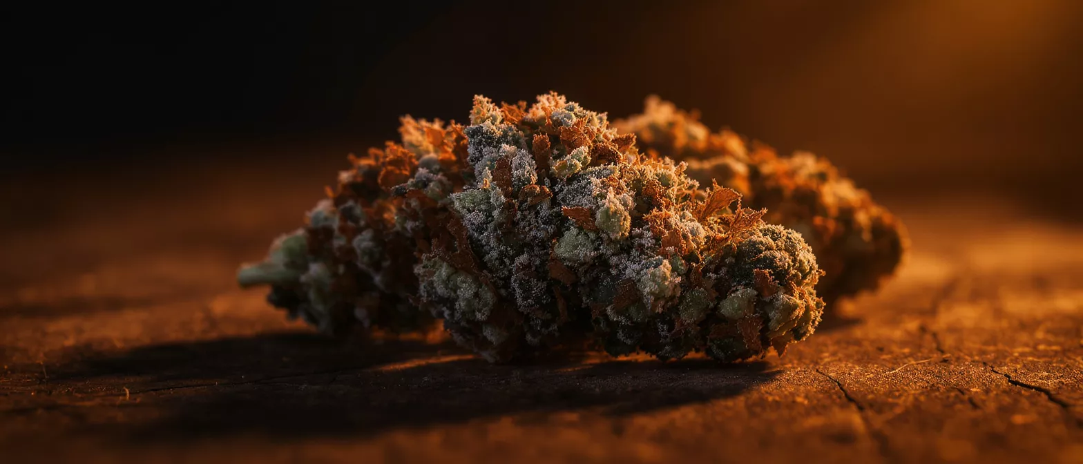Close-up of a cannabis bud with trichomes, illuminated by warm, golden light.
