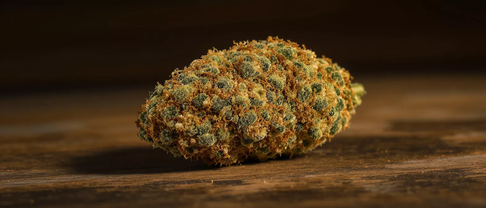 Close-up of a cannabis bud with green and orange hues on a wooden surface.