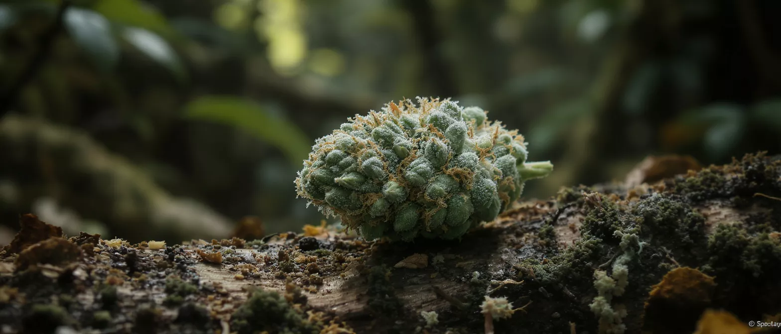Close-up of a green cannabis bud covered in trichomes on a mossy log.