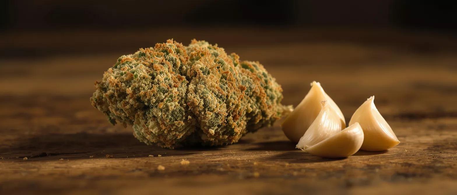 A cannabis bud and three garlic cloves on a rustic wooden table.