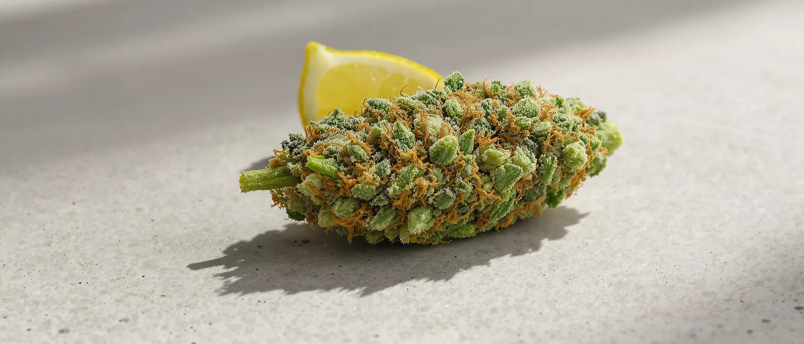 Close-up of a vibrant cannabis bud with a fresh lemon slice in the background.