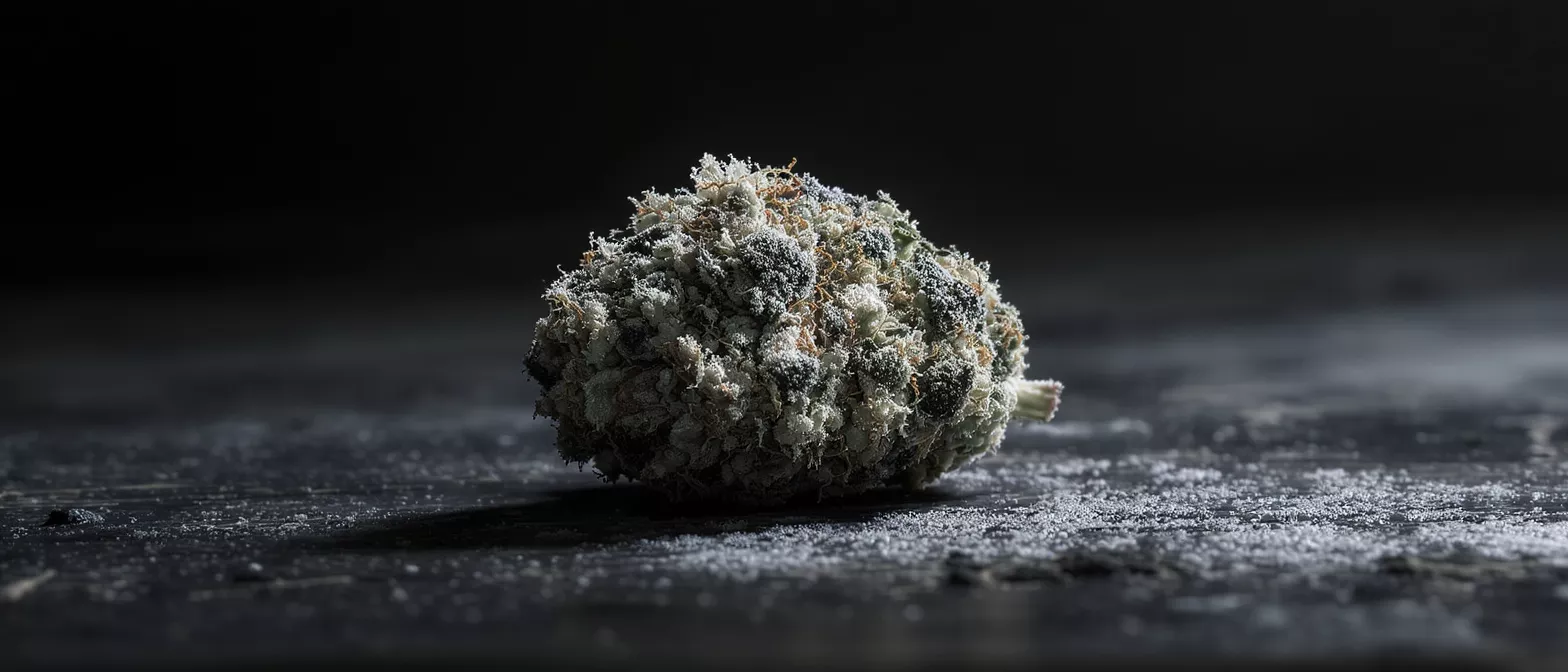 Close-up of a frosty cannabis bud on a dark surface with trichomes.