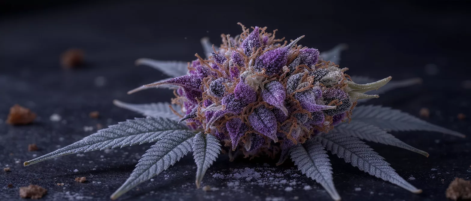 Close-up of a vibrant purple cannabis bud with frosty trichomes and leaves.