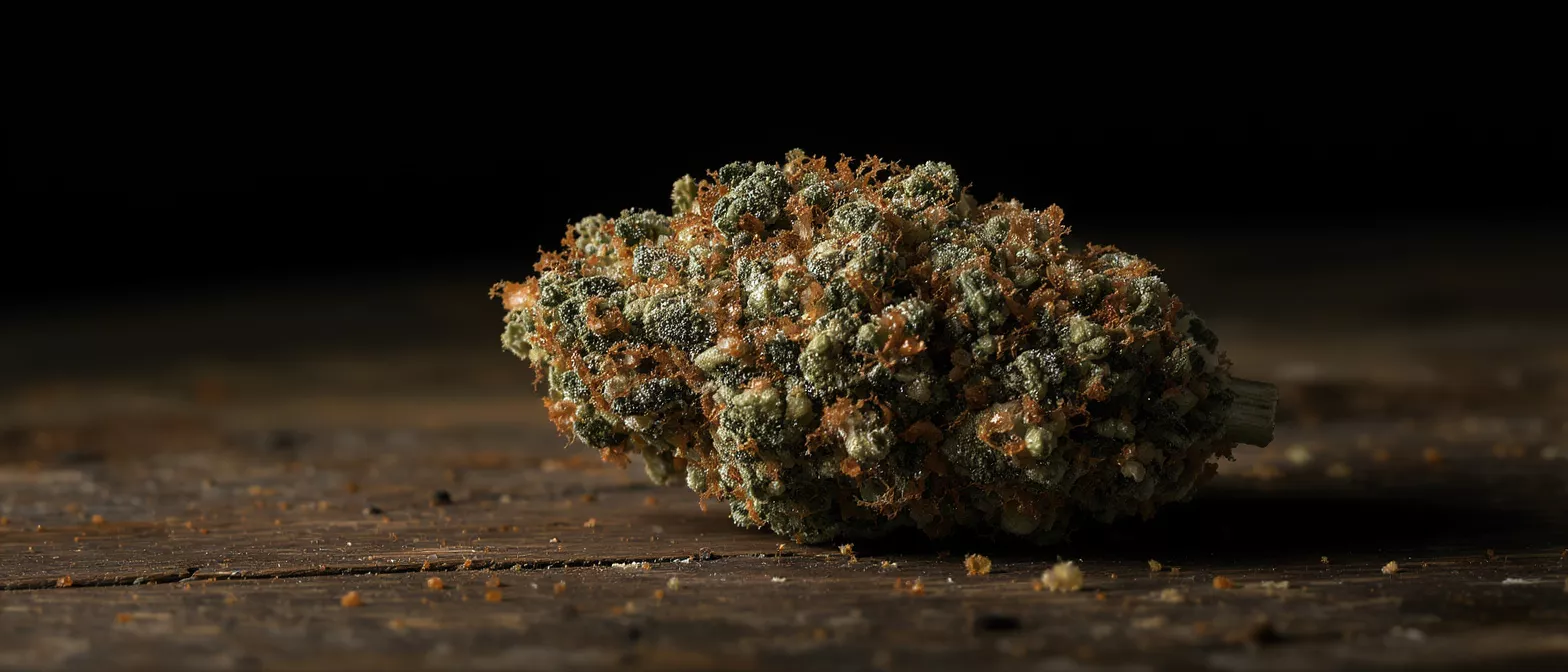 Close-up of a cannabis bud with orange hairs on a dark wooden surface.
