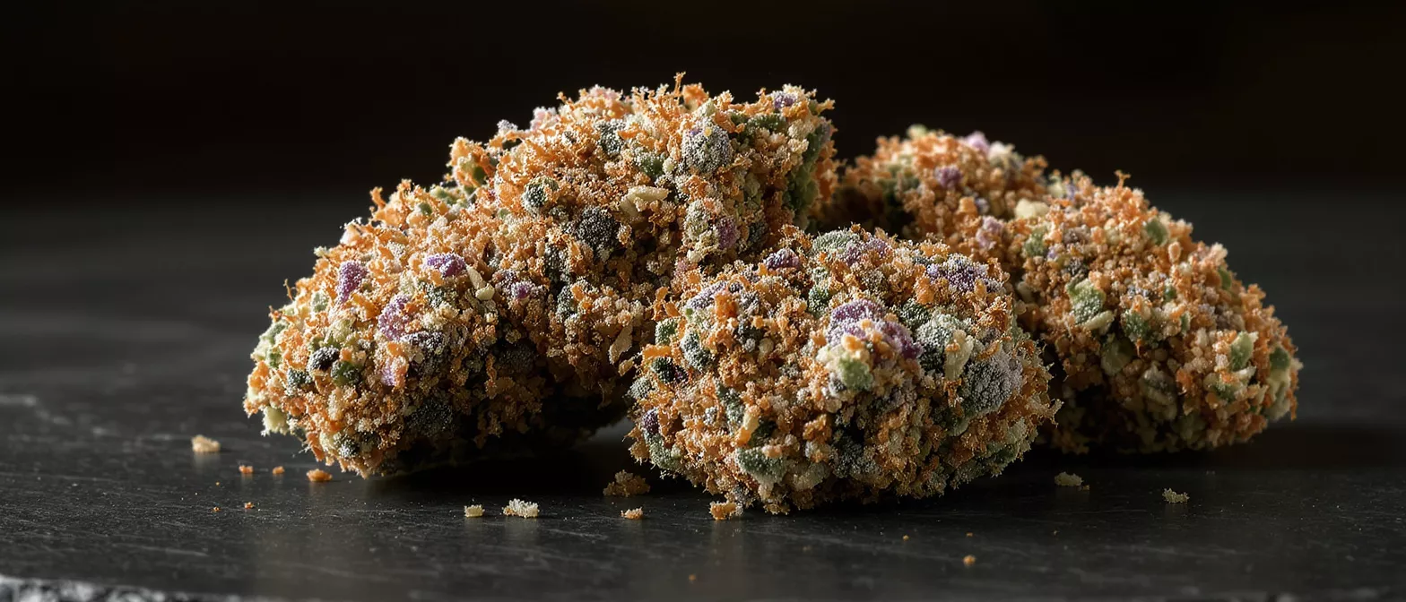 Close-up of several cannabis nugs heavily coated in colorful kief and trichomes.