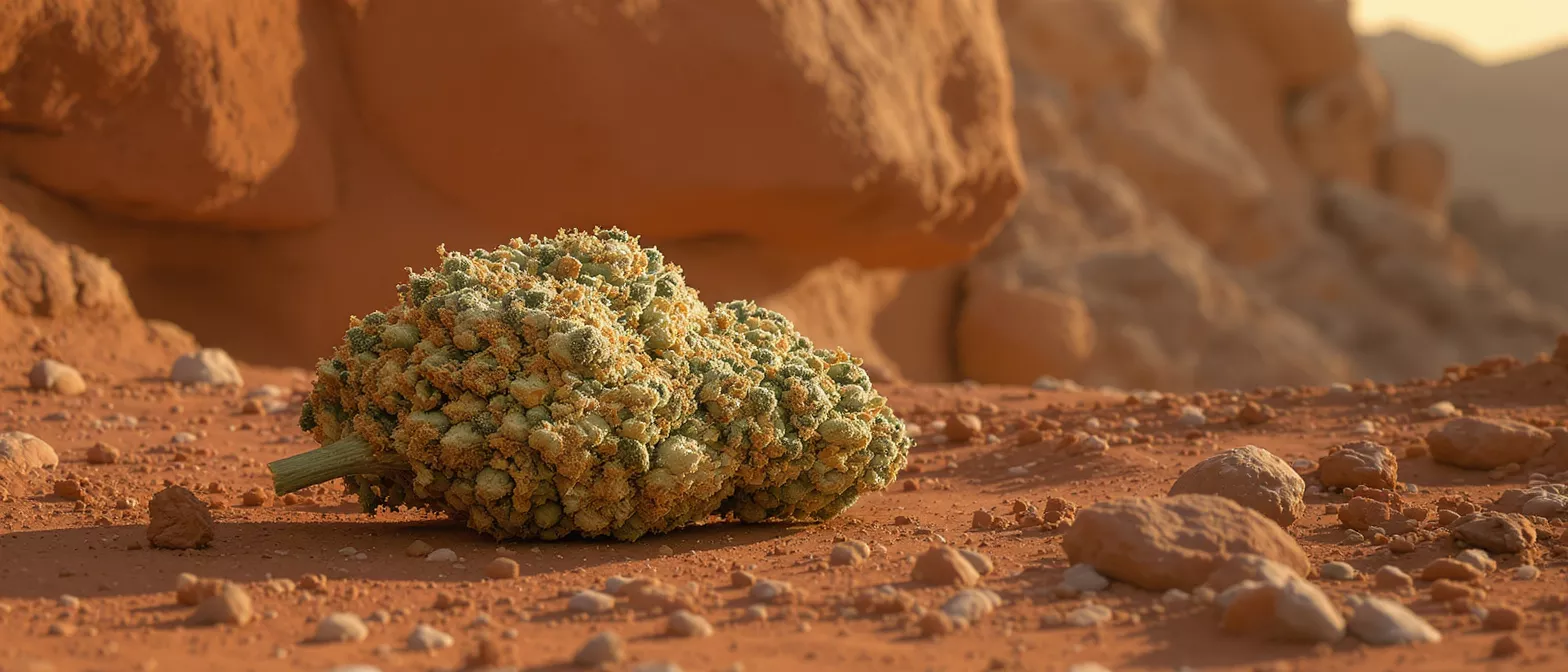 A large, green and orange cannabis bud rests on red desert sand.