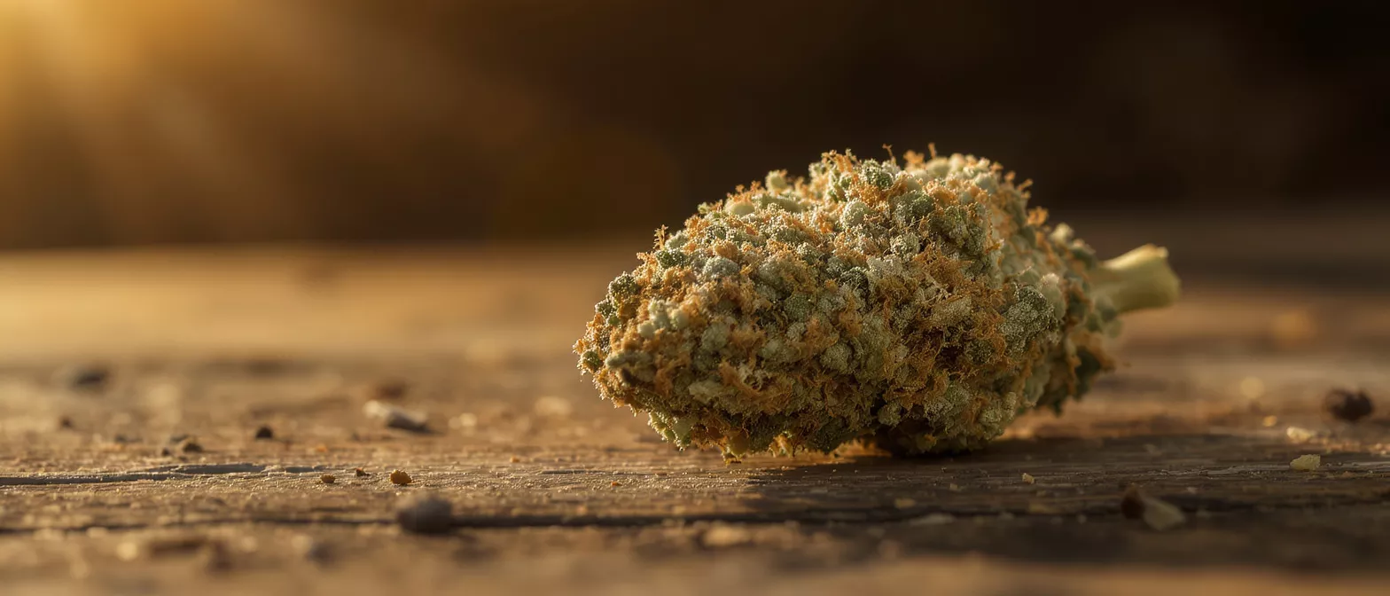 Close-up of a cannabis bud on a rustic wooden surface, bathed in warm sunlight.