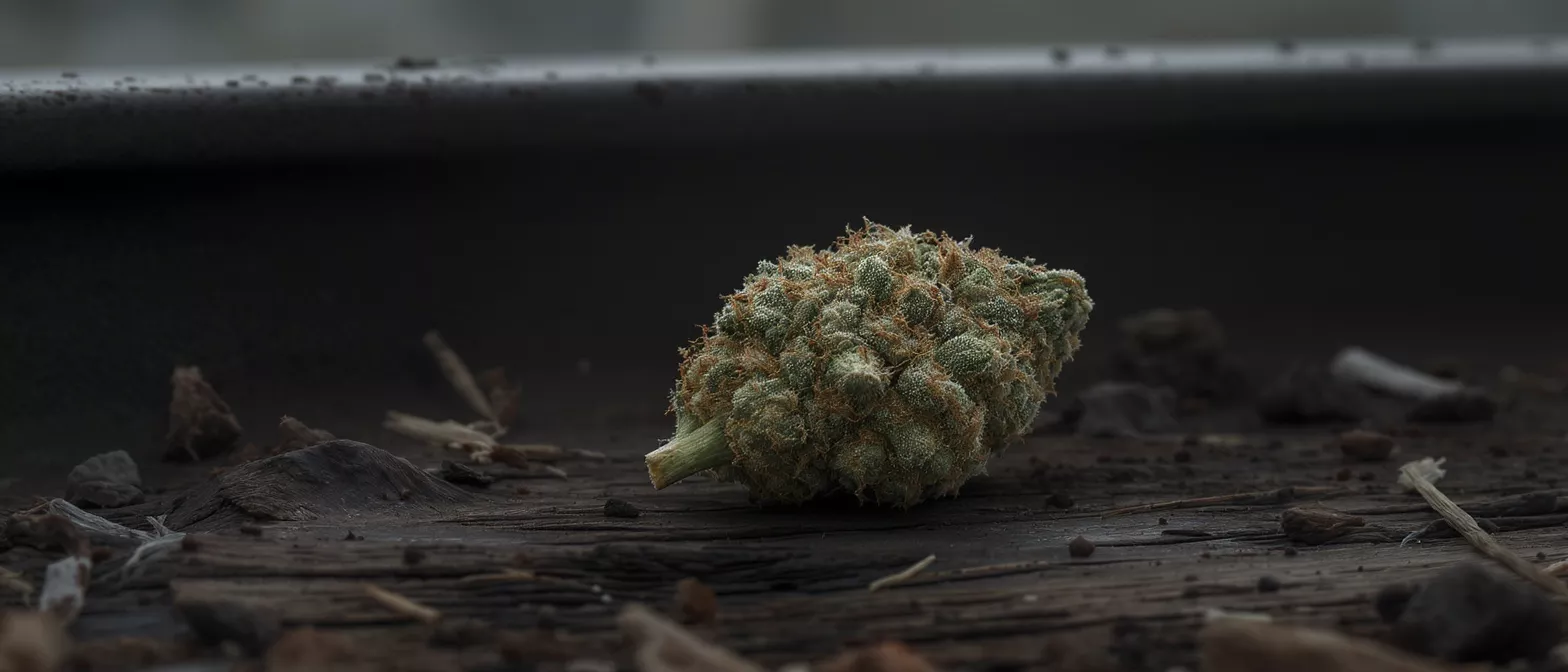 Close-up of a cannabis bud with green and orange hues on a dark wooden surface.