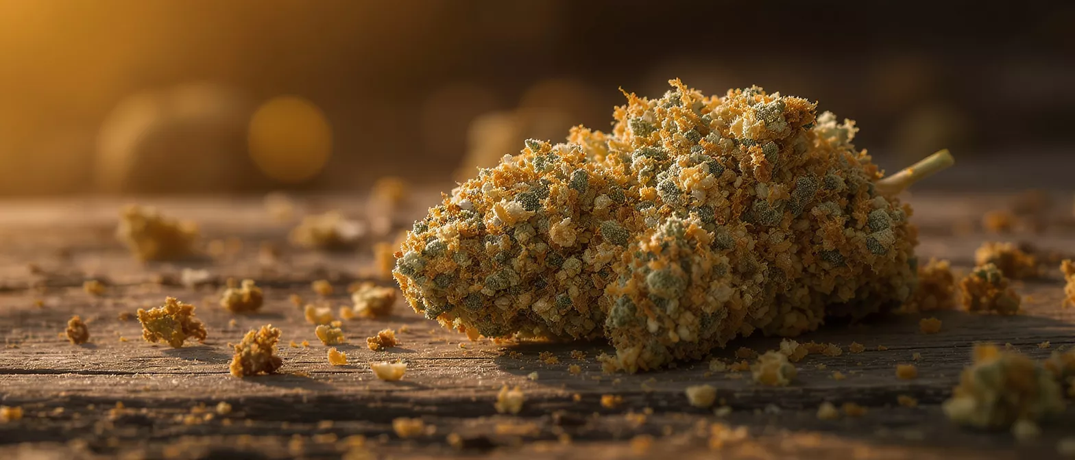 Close-up of a cannabis bud heavily coated in golden kief on a wooden surface.