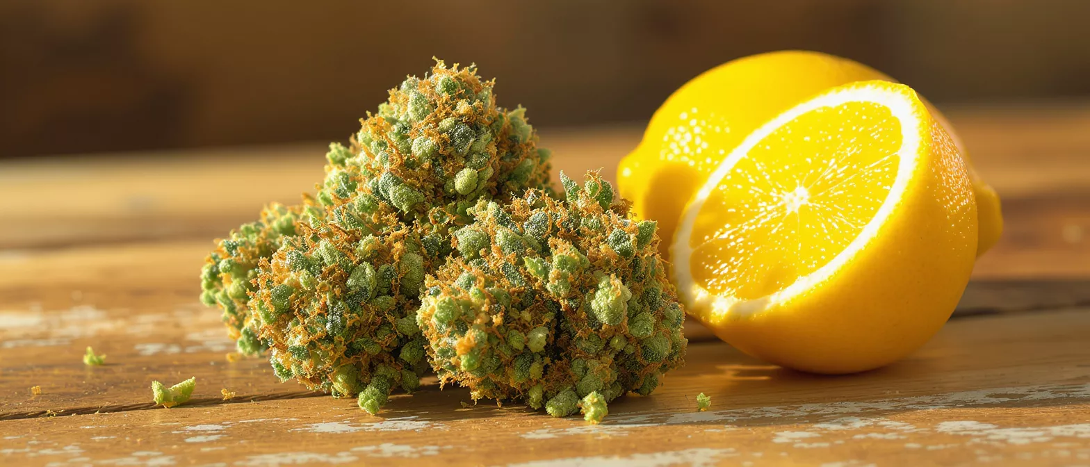 Close-up of vibrant green cannabis buds and a sliced lemon on a rustic wooden table.