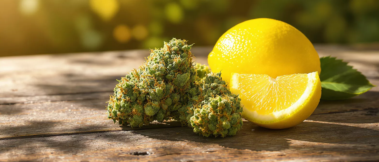 Two cannabis buds and a whole lemon with a slice on a rustic wooden table.