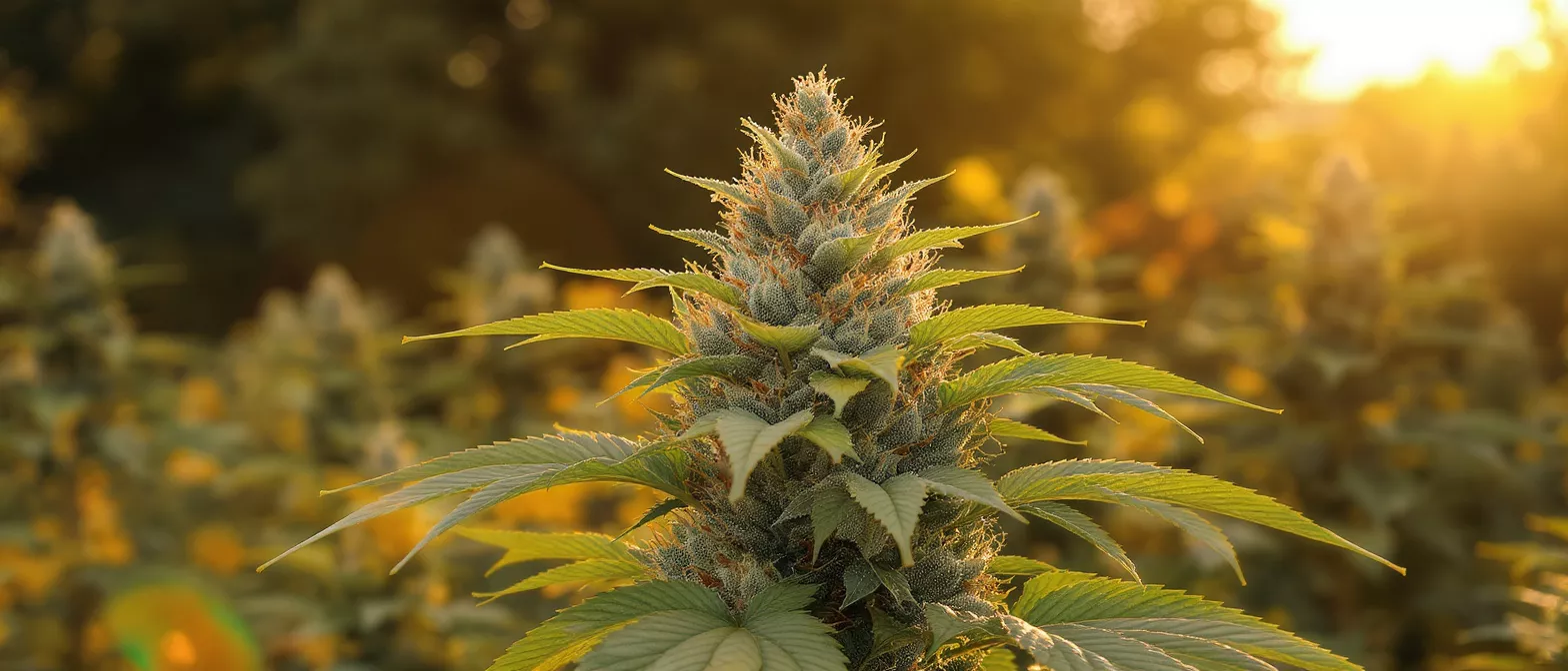 Close-up of a cannabis plant bud and leaves illuminated by golden sunset light.