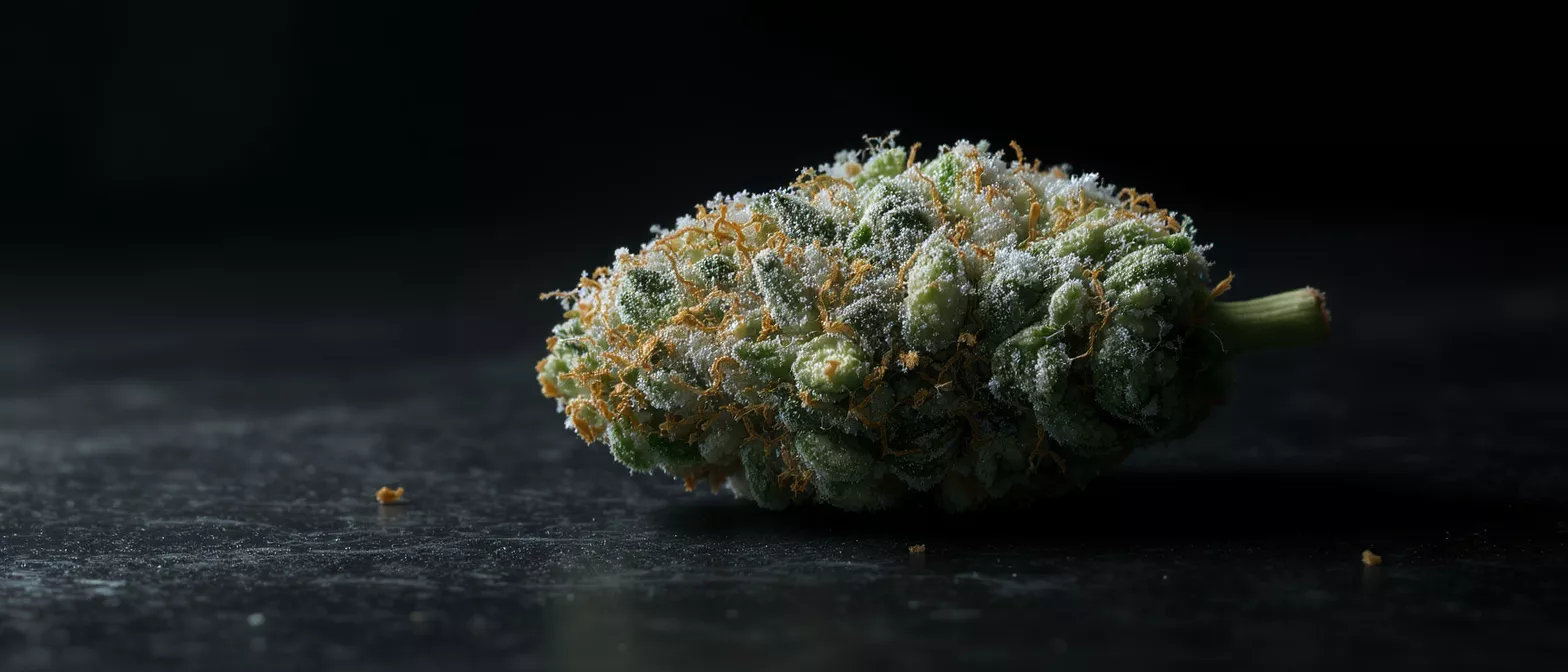 Close-up of a cannabis bud covered in white trichomes and orange hairs.