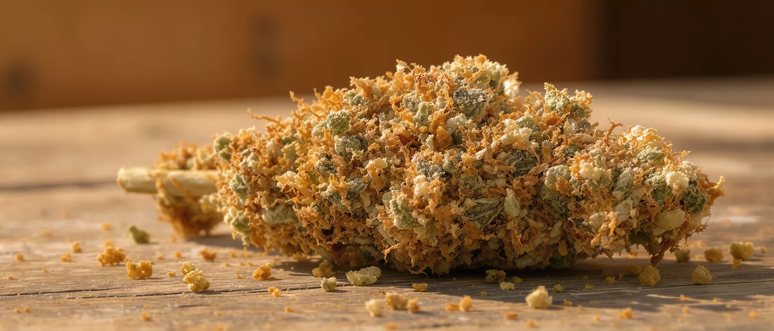 Close-up of a cannabis bud heavily coated in golden kief on a wooden surface.