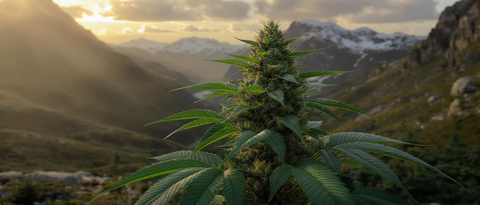A vibrant cannabis plant with a mountain valley and sunset in the background.