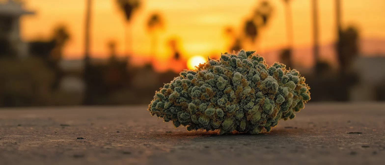Close-up of a cannabis bud on a surface with a vibrant sunset background.