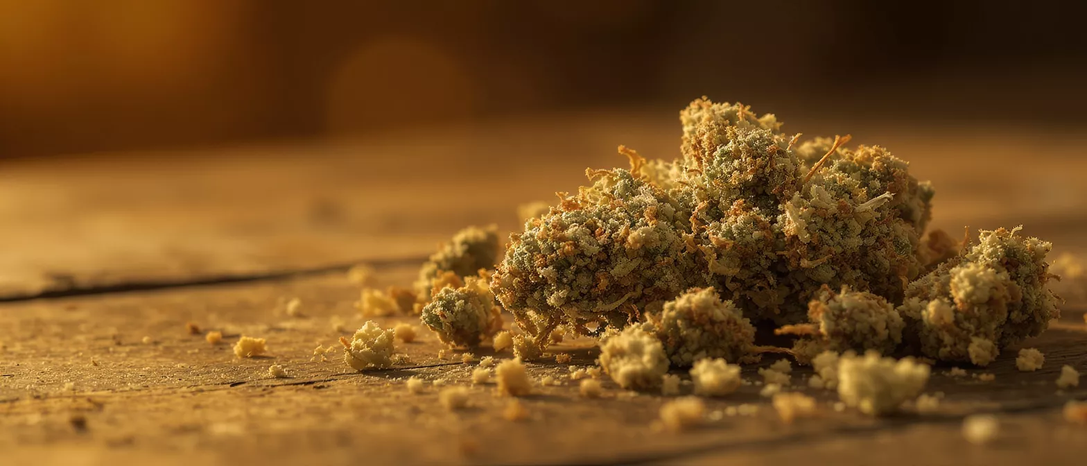 Primer plano de cogollos de cannabis y migas sobre una superficie de madera rústica.