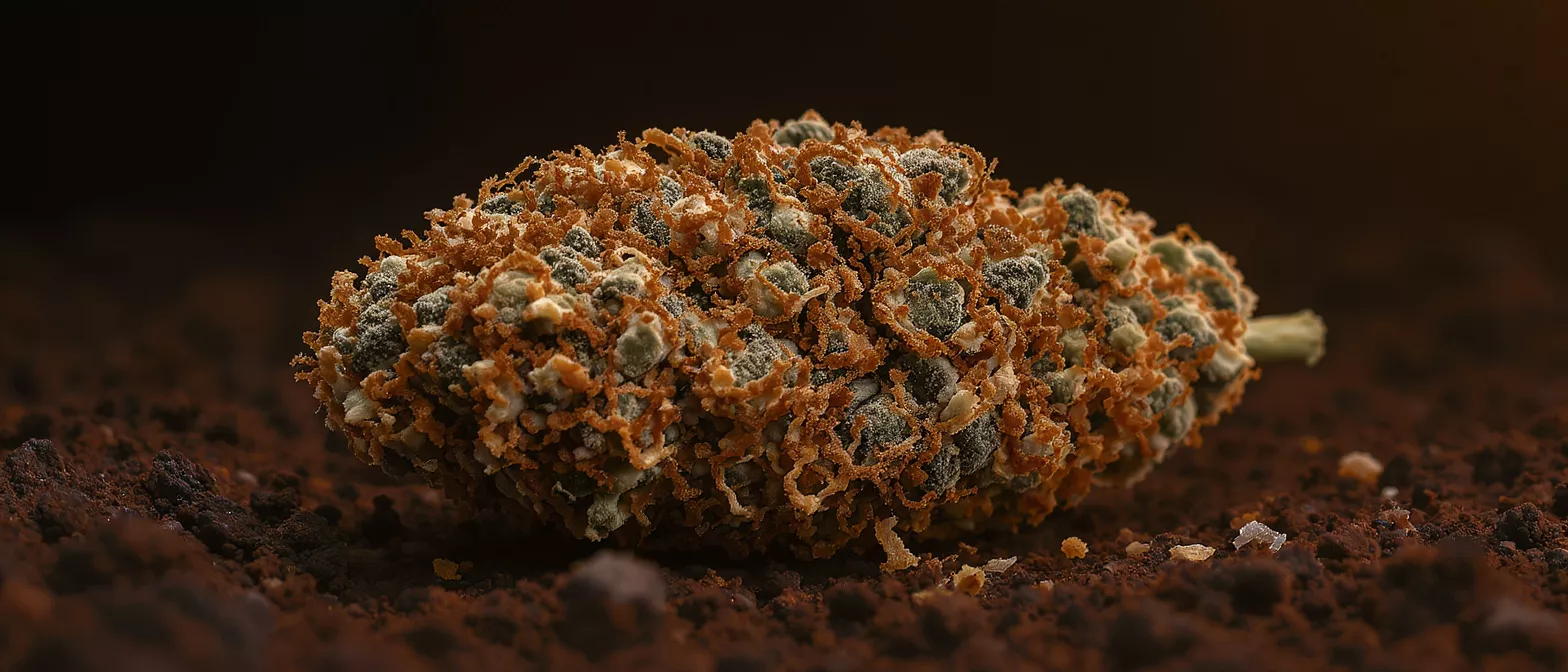 Gros plan sur un bourgeon de cannabis recouvert de trichomes orange et verts sur un sol brun.