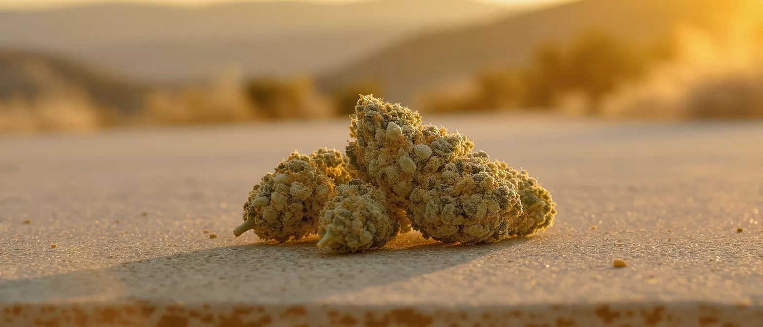 Several cannabis buds covered in trichomes, illuminated by a golden sunset in a desert.
