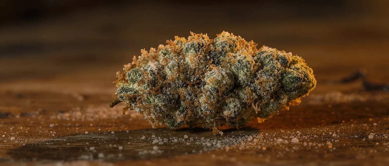 Primer plano de un cogollo de cannabis escarchado con pelos naranja sobre una superficie de madera.