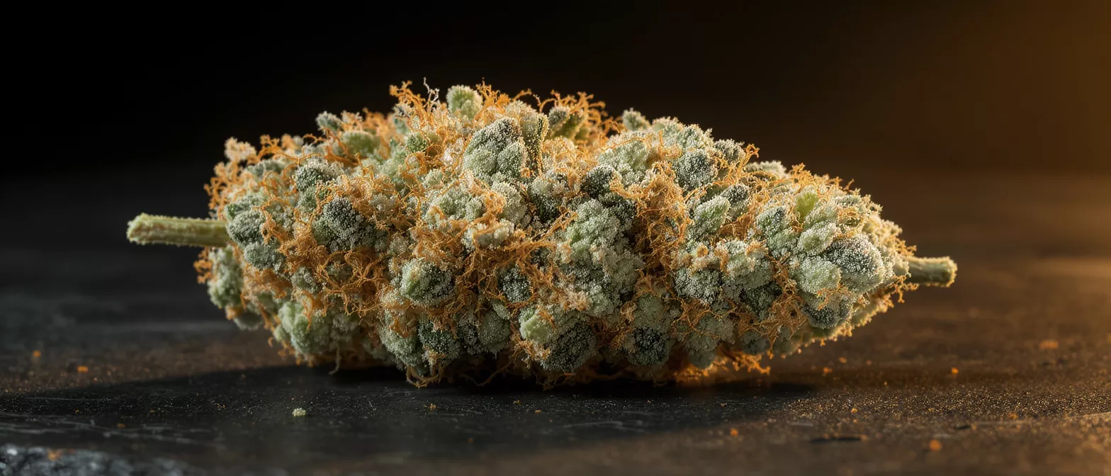 Gros plan d'une fleur de cannabis avec des feuilles vertes, des poils orange et des trichomes blancs.