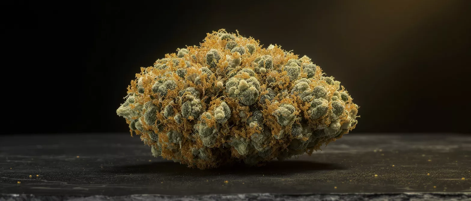 A close-up of a vibrant cannabis bud with orange hairs and frosty trichomes.