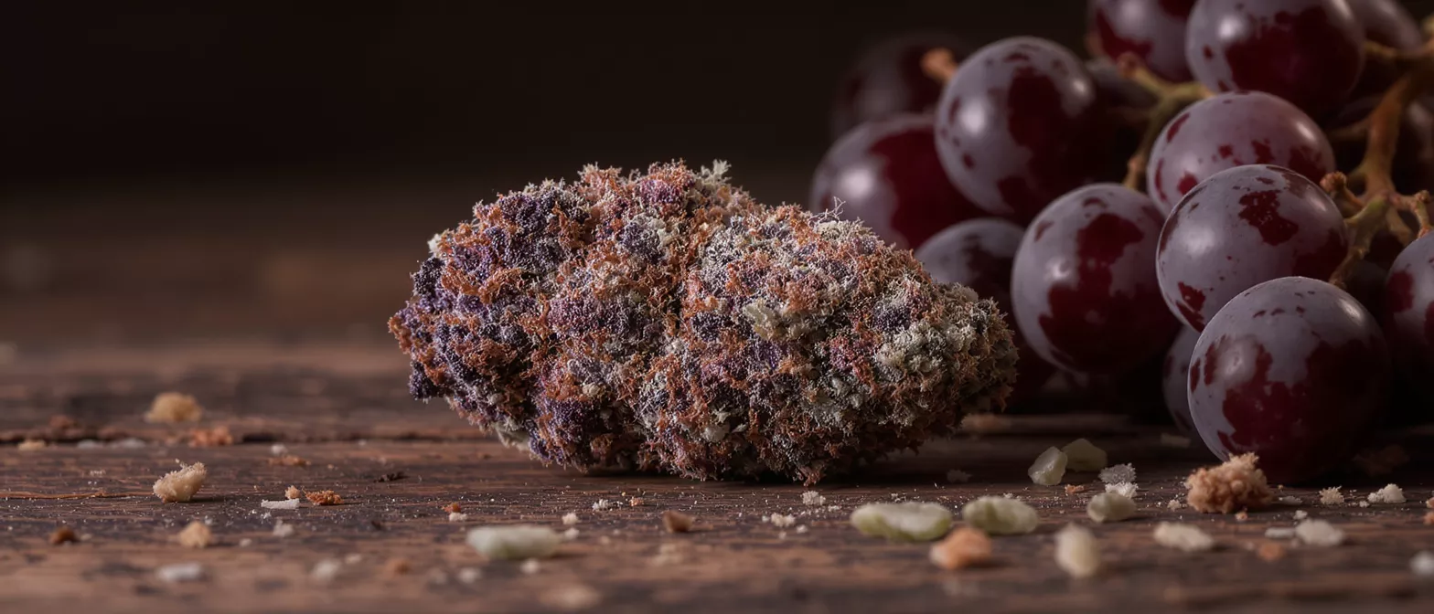 Gros plan d'un bourgeon de cannabis violet et orange à côté d'une grappe de raisin.