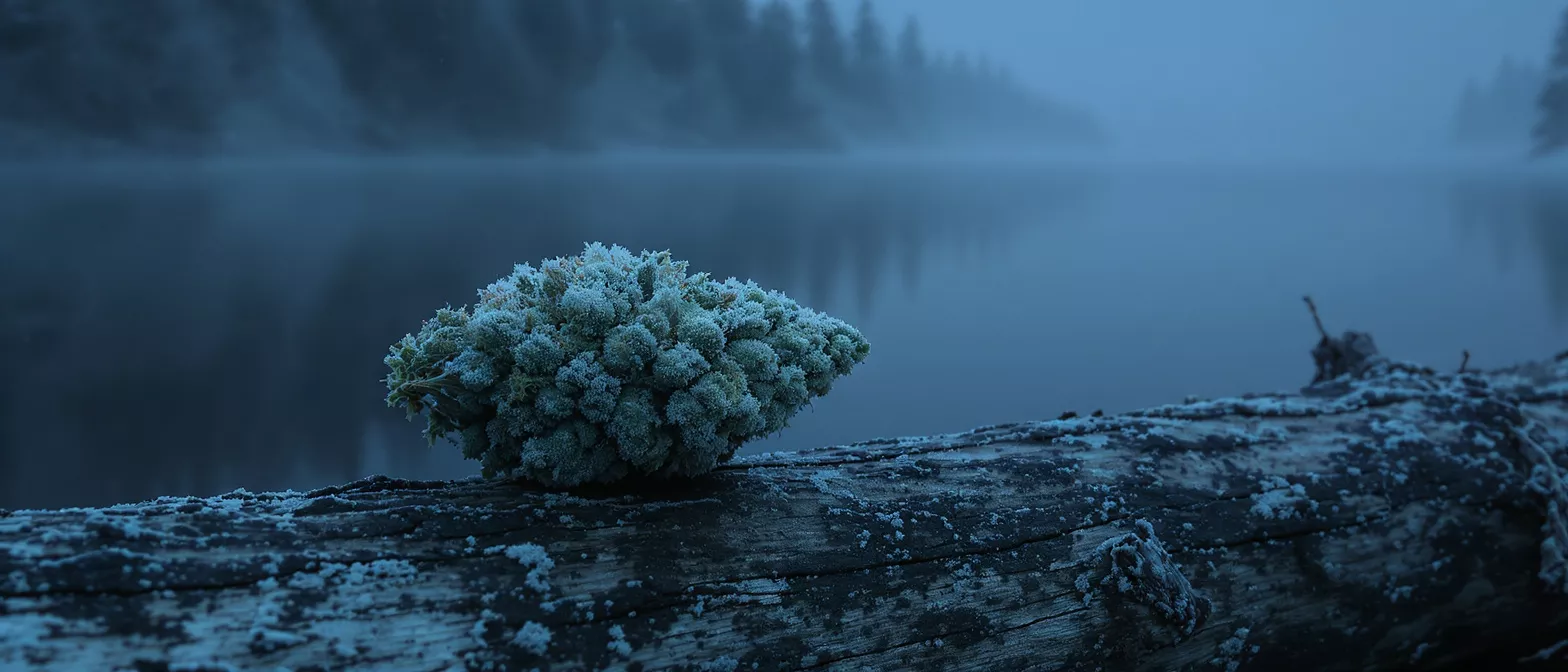 Cannabis bud covered in frost on a log by a misty lake.