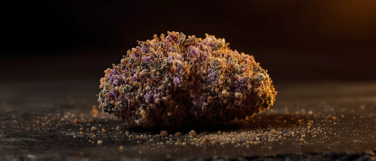 Close-up of a purple and orange cannabis nugget on a dark surface.