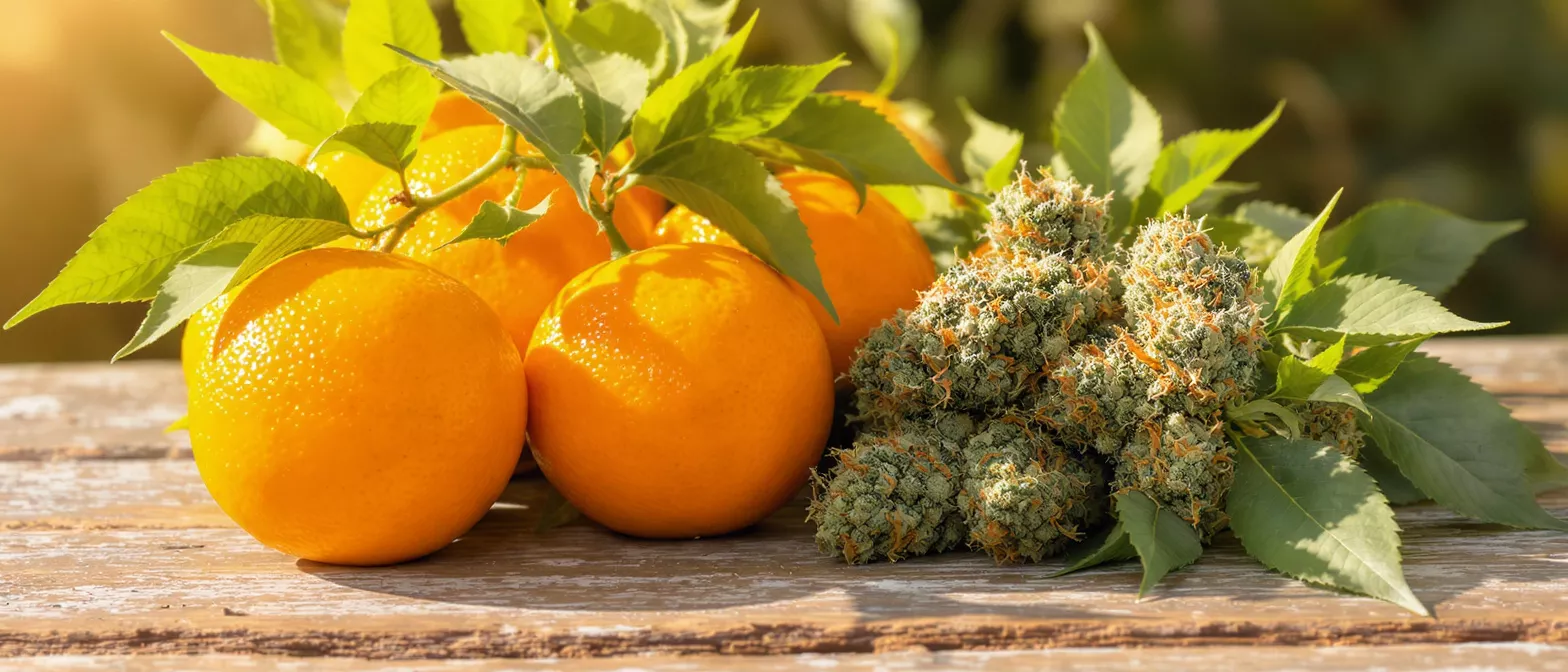 Naranjas brillantes con hojas verdes junto a yemas de cannabis sobre una mesa de madera rústica.