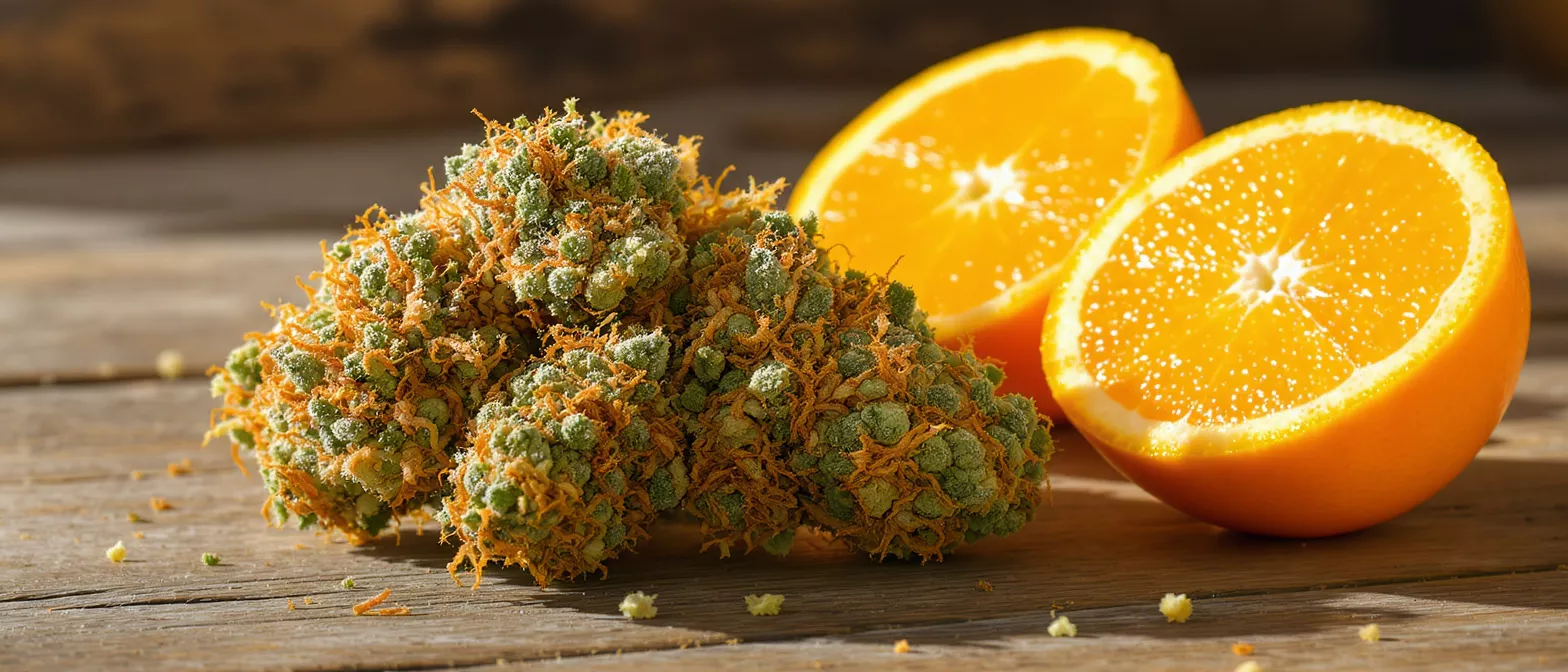 Close-up of cannabis buds with orange hairs next to sliced oranges on wood.