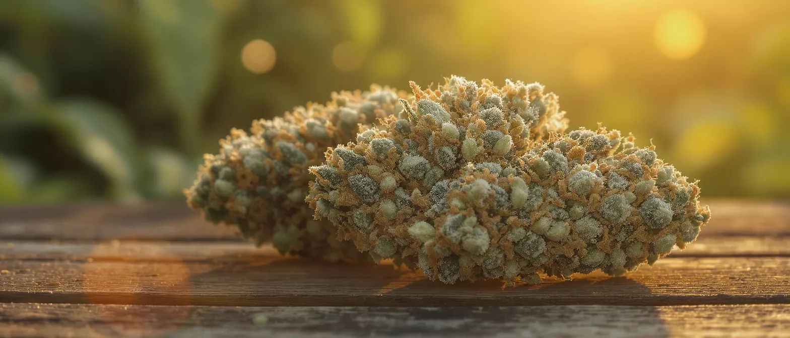 Close-up of two cannabis buds on a wooden surface during golden hour.