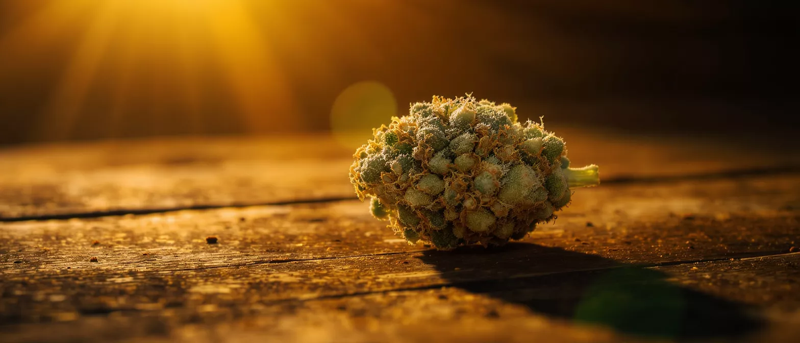 Close-up of a cannabis bud on a wooden surface with warm sunlight.