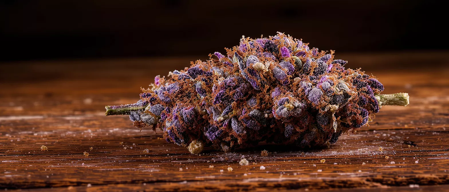 Close-up of a purple cannabis bud with orange hairs on a wooden surface.