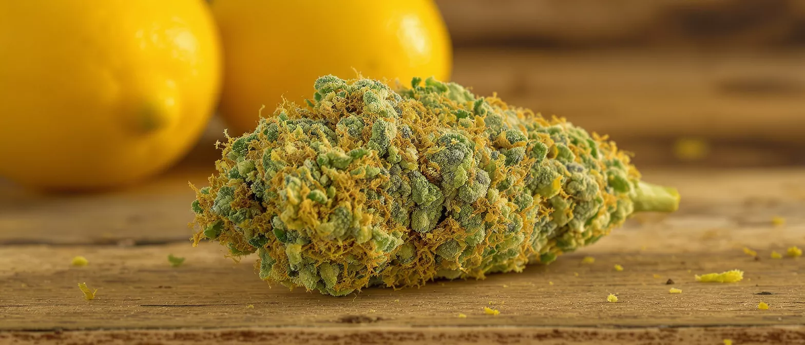 Close-up of a vibrant green and yellow cannabis bud on a wooden surface.