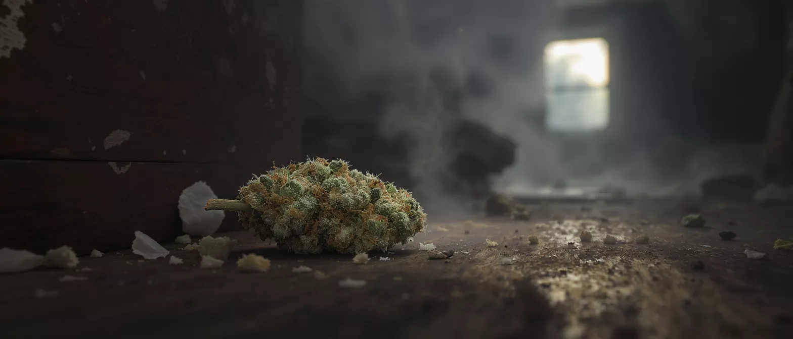 Gros plan d'un bouton de cannabis sur un plancher de bois sale avec de la fumée.