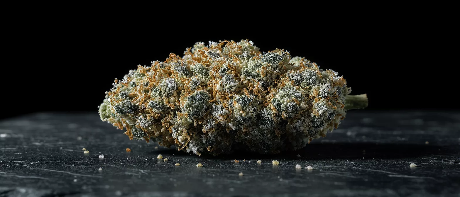 Close-up of a cannabis bud covered in trichomes on a dark surface.